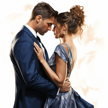 Character design of A beautiful young American couple sharing the first dance at their wedding ceremony. They gaze at each other romantically - Generative AI