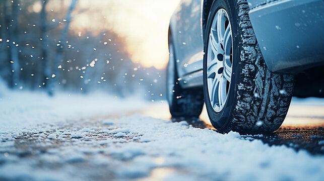 Car tires on winter road covered with snow - Generative AI