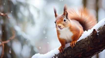 Cute red squirrel eats a nut in winter scene with nice blurred forest in the background - Generative AI
