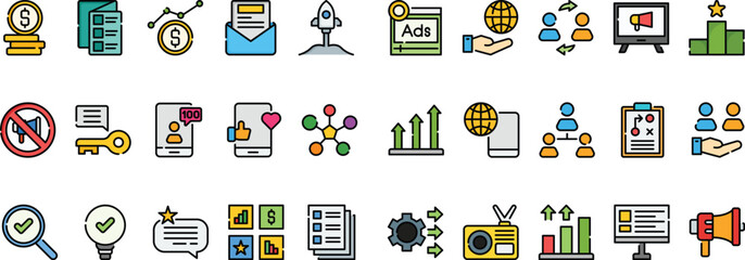 Marketing And Growth Icon Set Simple With Filled Style, Growth, Marketing, Stastistic, Global, Money, Boost, Setting Illustration