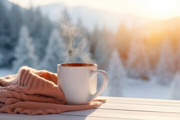 Cozy warm winter composition with cup of hot coffee or chocolate, cozy blanket and snowy landscape on sunny winter day. Christmas. New Years Eve.