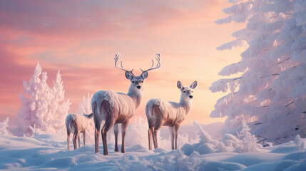 Family of noble deer in a snowy winter forest at sunset. Christmas fantasy image in blue and white color. Pink clouds. Snowing. Winter - Generative AI