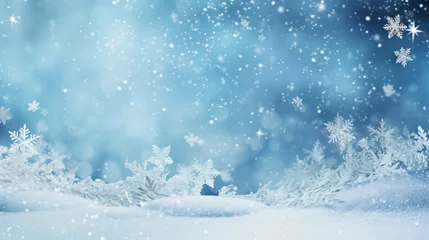 Photo sur Plexiglas Bleu Festive winter snow background with snowdrifts, silver decorative snowflake with beautiful light and snow flakes on blue sky, banner format - Generative AI