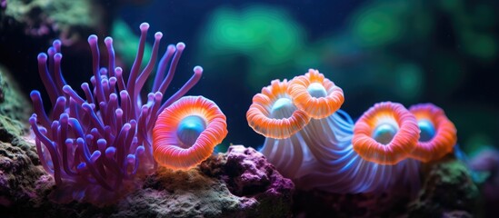 Obraz premium Clownfish family in colorful anemone on tropical reef With copyspace for text