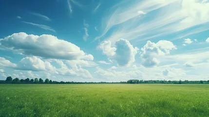 Schilderijen op glas a clear sky with green fields and clouds, a park - Generative AI © seogi