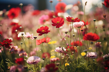 Obraz premium Beautiful wild flowers in the field. Blooming meadow with variety of wildflowers and soft daylight. Generative AI