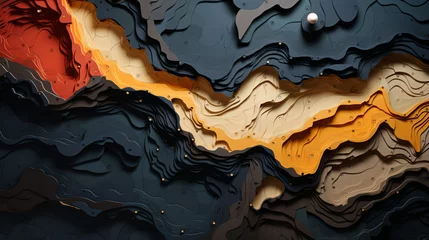 Fotobehang paper cut illustration top down topographical map abstract minimalist dark color palette - Generative AI © seogi