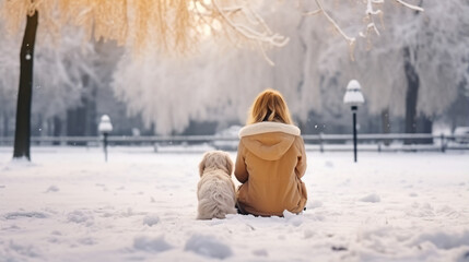 photography, beautiful blondie girl sitting in large flakes of snow the park with a dog, a winter background - Generative AI - obrazy, fototapety, plakaty