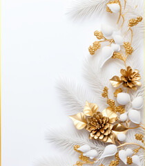pine branches, shiny, sparkling gold snowflakes and beautiful gold twigs, gold metal pine cones, on a pretty white background wedding invitation - Generative AI