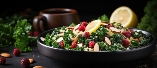 Nutritious salad with raw kale quinoa cranberry and almonds With copyspace for text
