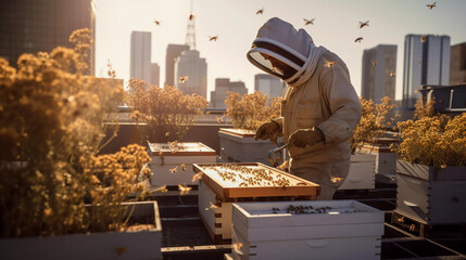 Beekeeping Retreat in City. Find retreat in this urban beekeeping scene - obrazy, fototapety, plakaty