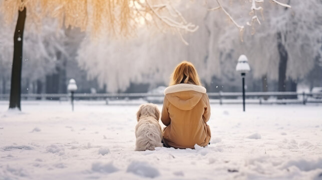 photography, beautiful blondie girl sitting in large flakes of snow the park with a dog, a winter background - Generative AI