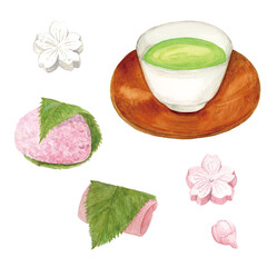 手描き水彩の美味しそうな桜の和菓子と緑茶のセットイラスト