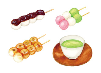 手描き水彩の美味しそうな団子と緑茶イラストセット, Hand-painted Watercolor Delicious Dango and Green Tea Illustration Set