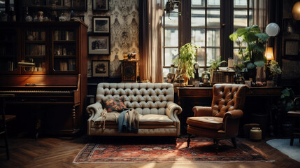 Vintage Charm in Living Space. Experience vintage charm in a space filled with nostalgia - obrazy, fototapety, plakaty