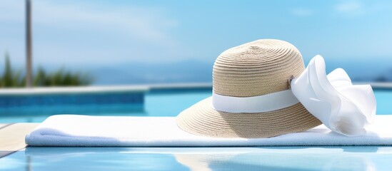 Summer resort with poolside amenities like sun hat towel sunscreen - obrazy, fototapety, plakaty