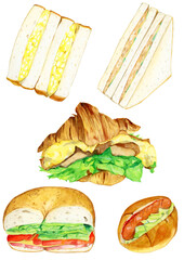 手描き水彩の美味しそうないろいろなサンドイッチのイラスト