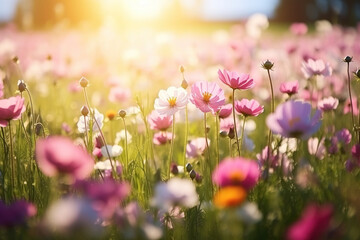 Beautiful wild flowers in the field. Blooming meadow with variety of wildflowers and soft daylight. Generative AI