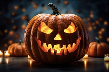 Fototapeta premium Glowing Pumpkin. A Spooky Halloween Lantern with Eyes Aglow in the Dark. Perfect for Trick-or-Treat or Halloween Party Night.
