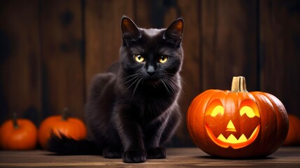 Creepy Black Cat and Pumpkin: Halloween Mystery with a Mammal's Enigmatic Look