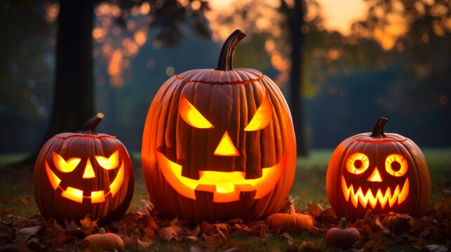 Dark Halloween Night: Three Kind Carved Pumpkins in the Park.