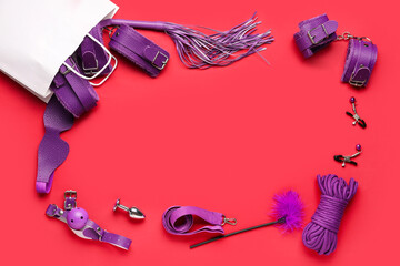 Frame made of shopping bag and sex toys on red background