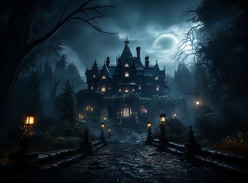 Old haunted mansion, foggy and witchy ambiance, halloween vibes