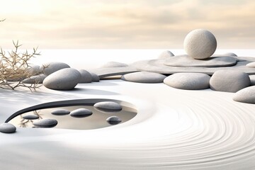Abstract Zen Rock Garden: Tranquil Balance in Soft Gray and White, generative AI - obrazy, fototapety, plakaty