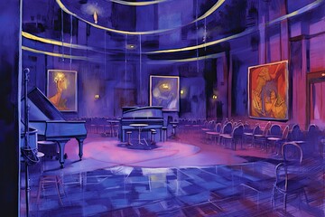 Engaging Jazz Club: Abstract Depiction with Moody Blues and Purples Reflecting Rhythm and Atmosphere, generative AI
