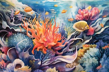 Underwater Coral Reef: Abstract Depiction with Bursting Colors Symbolizing Marine Life, generative AI