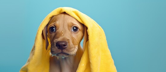 Dog portrait wrapped in yellow towel on blue background ready for a shower in summer