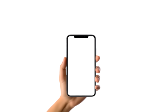 smartphone in hand with transparent blank screen, mockup of hand with smartphone with blank screen on white background, isolated on transparent background clipart