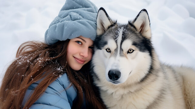 Pretty young woman and Husky dog. Cheerful girl are hugging her pet on the snow outside - Generative AI