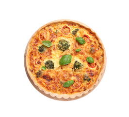 Delicious homemade vegetable quiche isolated on white, top view