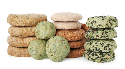 Many different raw vegan meat products on white background