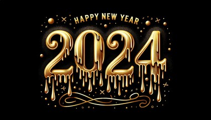 Gold Drip Happy New Year 2024 - obrazy, fototapety, plakaty