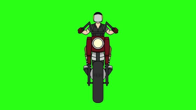 Old Custom Motorbike Cartoon Animation, Front View, Isolated Green Screen