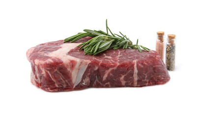 Piece of fresh beef meat with rosemary and spices isolated on white