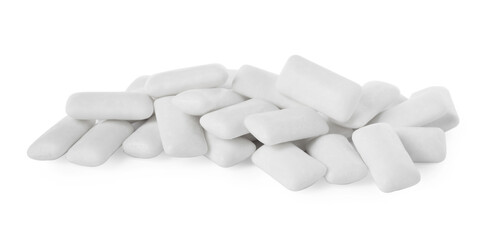 Pile of tasty chewing gums on white background