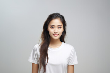 Fototapeta premium Portrait of a smiling Asian woman wearing a t-shirt with standing and looking at the camera. Face of healthy woman, Lifestyle portrait photography.
