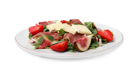Tasty salad with brie cheese, prosciutto, strawberries and figs isolated on white