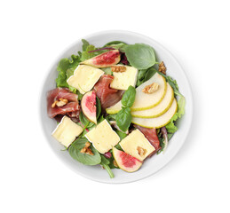 Tasty salad with brie cheese, prosciutto, pear and figs isolated on white, top view