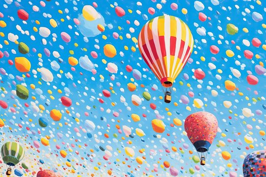 Abstract Rendition of Hot Air Balloon Festival: Bright Colorful Splashes in the Clear Blue Sky, generative AI