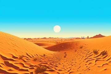 Abstract Sahara Desert: Golden Sandy Landscape and Heatwave Effect under a Bright Blue Sky, generative AI