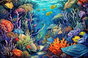 Fototapeta na wymiar Abstract representation of a peaceful underwater coral reef scene, vibrant and colorful, generative ai