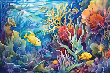Obraz na płótnie Canvas Peaceful Underwater Coral Reef: Abstract Representation of Vibrant Blues and Diverse Marine Life Beauty, generative AI