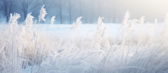Snowfall during winter creates a frosty landscape with dry plants High quality photo for Christmas background