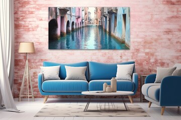 Abstract Visualization of a Venetian Canal: Vivid Blues and Pastels Highlighting Classic Architecture and Waterway, generative AI