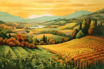 Fotobehang Abstract Visualization: Idyllic Tuscan Landscape with Rolling Hills and Vineyards in Warm Yellows and Greens, generative AI © Michael