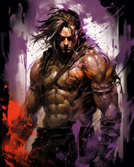 Fototapeta na wymiar Portrait of a Savage ferocious Male warrior graphic concept art with purple and red ink.